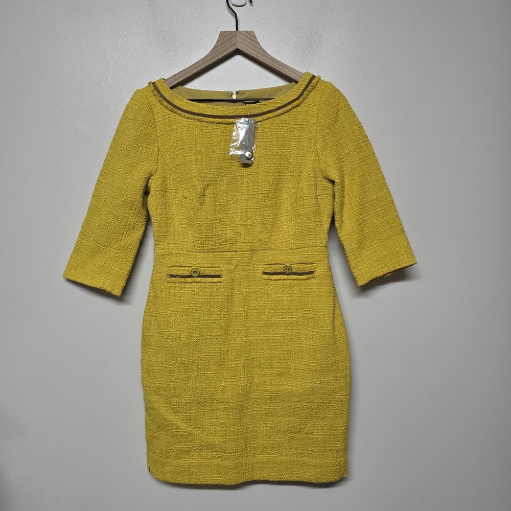 J.Crew Women's 6P Yellow Tweed Shift Dress Lined 3/4 Sleeve Retro Style Pocketz